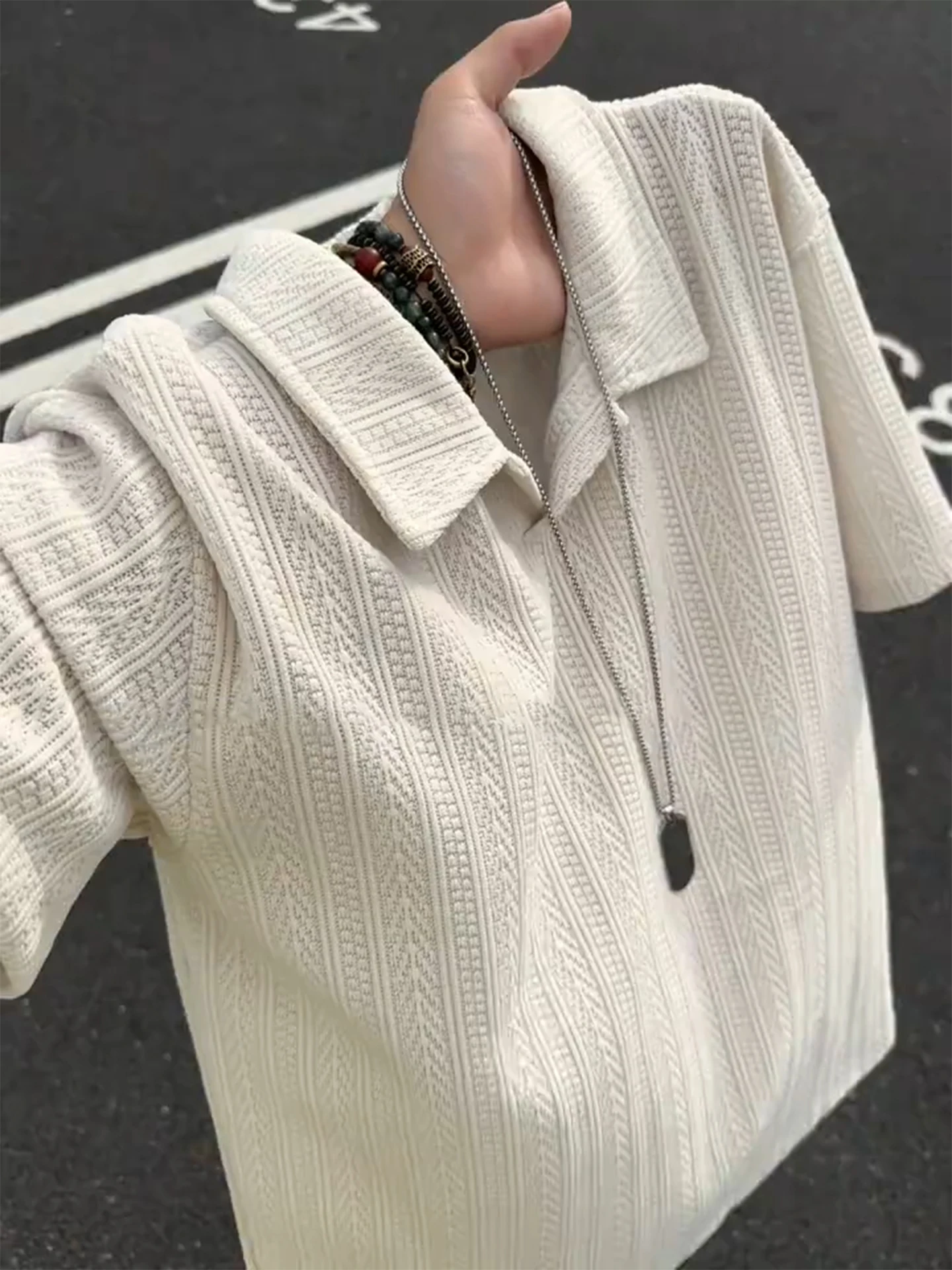Men's Summer Lightweight Breathable  Shirt Short Sleeve Thread Texture Design Casual T-Shirt American Retro Half Sleeve