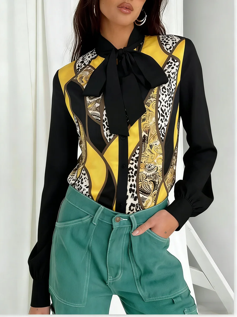 

Женская блузка с бантом на воротнике, длинными рукавами и леопардовым принтом, свободного кроя, класса люкс, весенне-летняя, модная, повседневная, дышащая