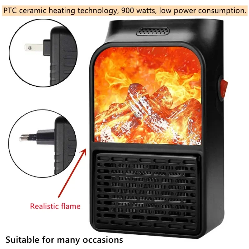 Small Portable Ceramic Space Heater Electric Heater Fan Thermostat Control Fireplace Heater with Realistic Flames 900W