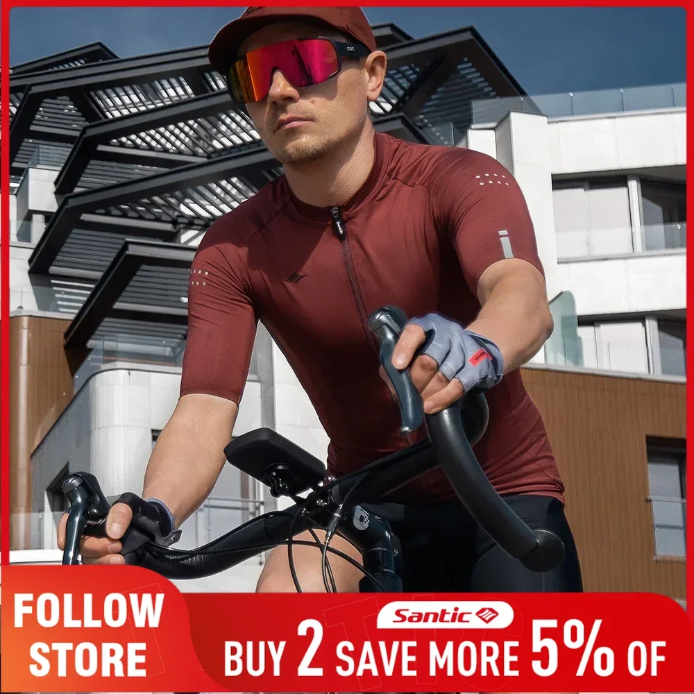 Santic Men's Slim Fit Cycling Jersey Summer Breathable Mesh MTB Bike Shirts Quick Dry Full Zip UV Protection Riding Jersey Tops