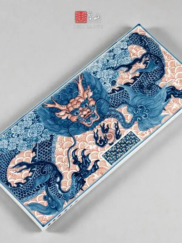 Chen Tong's Work Is Hand-Painted Ceramic Tea Tray With A Blue White Underglaze Red Dot Design, Imitating Style Of The Qing