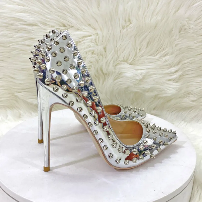 Keshangjia Silvery Bright light Women Full Punk Rivets Pointed Toe High Heels Sexy Ladies Spikes Stilettos Pumps WomanClub Party