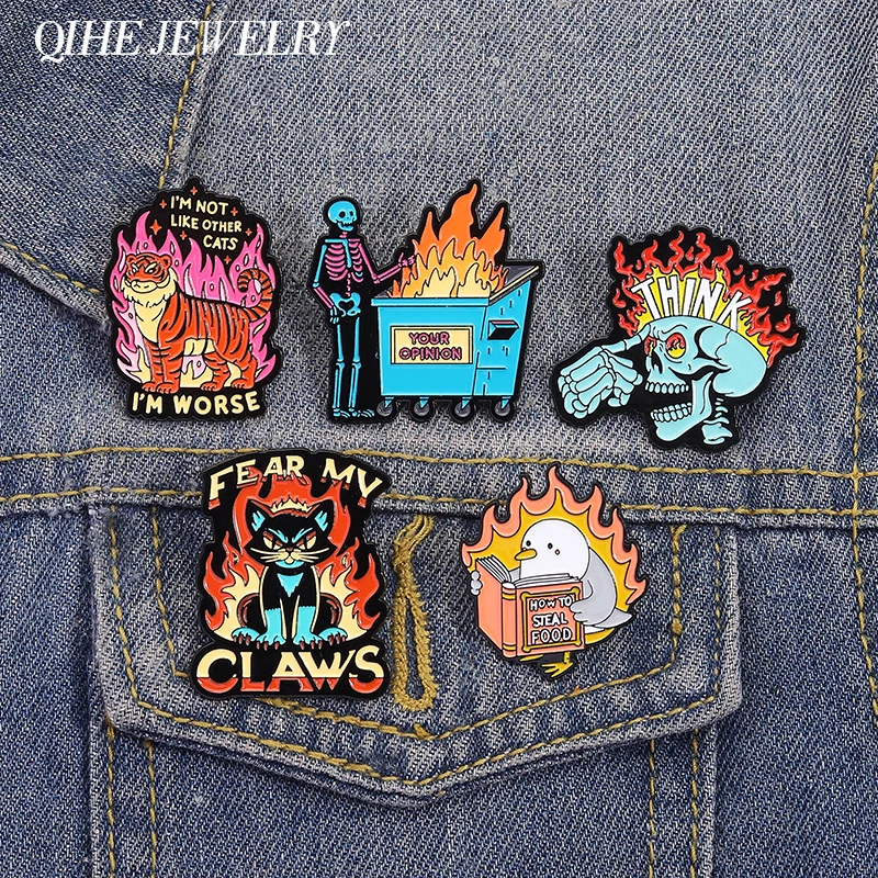 Skull On Fire Think Enamel Pins Cat Fear My Claws I'm Not Like Other Cats I'm Worse Brooch Bag Lapel Badge Punk Jewelry Gift