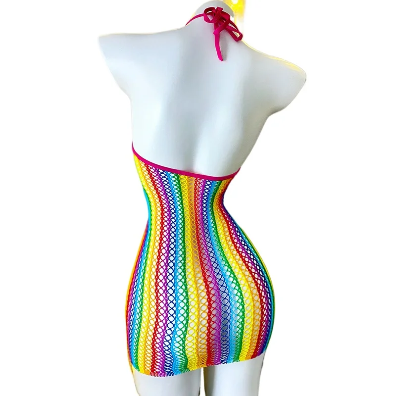 QQ 1PC Sexy Women Fishnet Cover Up See Through Bodycon Dress Beachwear Summer Women's Swimwear Rainbow Mesh Plus Size Bodysuit