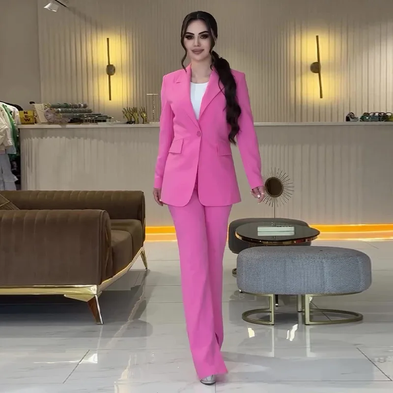 

Women Solid Two Piece Pant Sets Blazer Single Button Lapel Full Sleeve Coat Slim Fit Long Pants Elegant Suit Office Lady Autumn