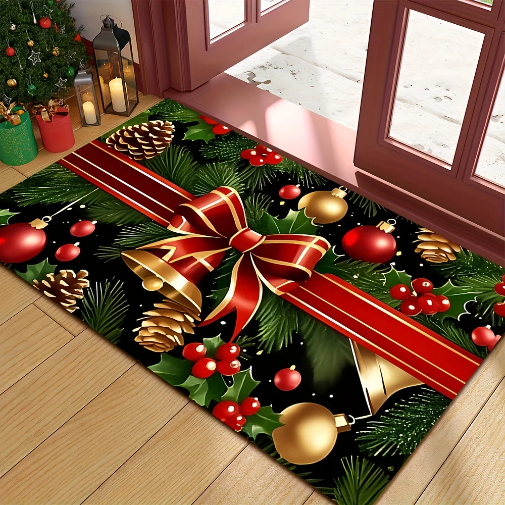 VIKAMA Christmas Gift Bow Ribbon Doormat Non Slip Washable Welcome Rug for Front Porch Living Room Indoor Outdoor Decor