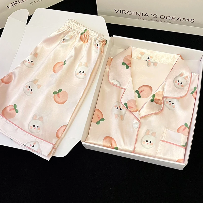 Sweet Y2k Honey Peach Short Summer Pajamas Women Cartoon Cute Kawaii Rabbits Female Housewear 2024 New Fashion Trendy Sleepwear