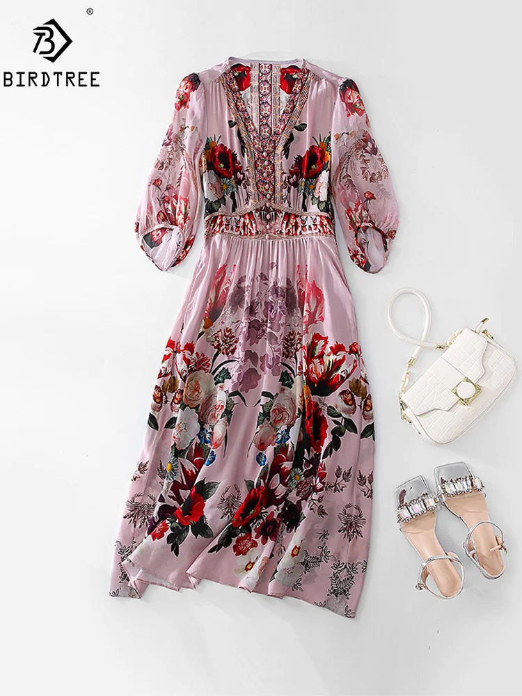 

BirdTree, 100%Real Silk Elegant Dresses, Women Half Sleeve Floral, OL Fashion Party Vacation Dress, 2024 Summer New D44625QM