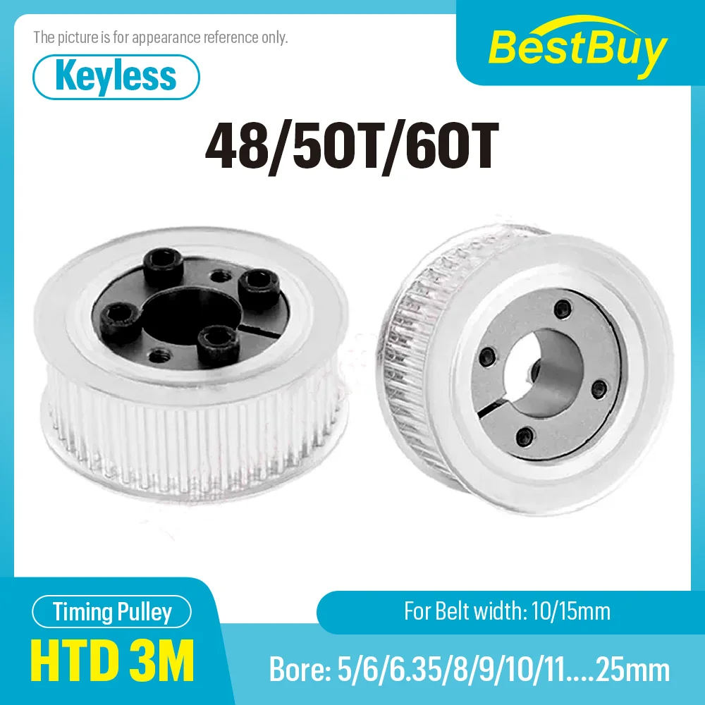 HTD 3M 48T/50T/60Teeth Timing Pulley Keyless Bushing Bore 5/6/6.35/8/9/10....25mm for Belt Width 10/15mm