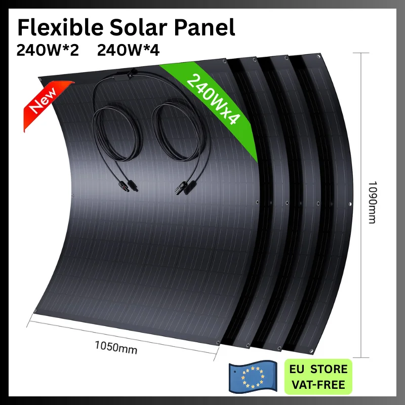 جديد! مجموعة الألواح الشمسية المرنة 480 وات/960 وات (2 × 240 وات / 4 × 240 وات)، وحدة ETFE أحادية البلورية، للمركبات الترفيهية والقوافل والقارب والسقف