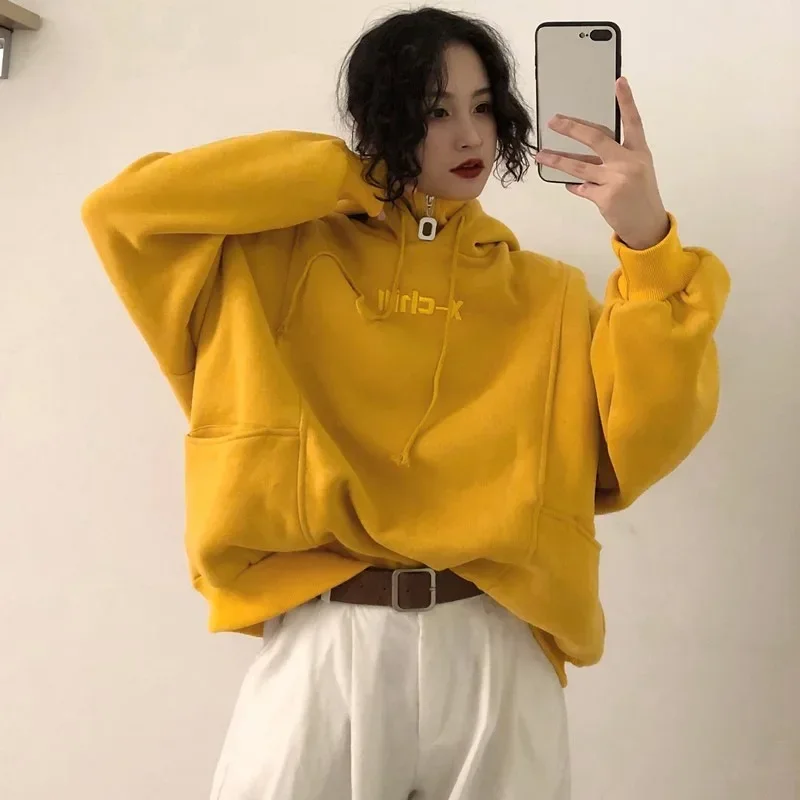 

2024 Autumn Thick Warm Hooded Sweater Women Solid Color Loose Top Outerwear Simple Style Pullover Hooded Sweater Women