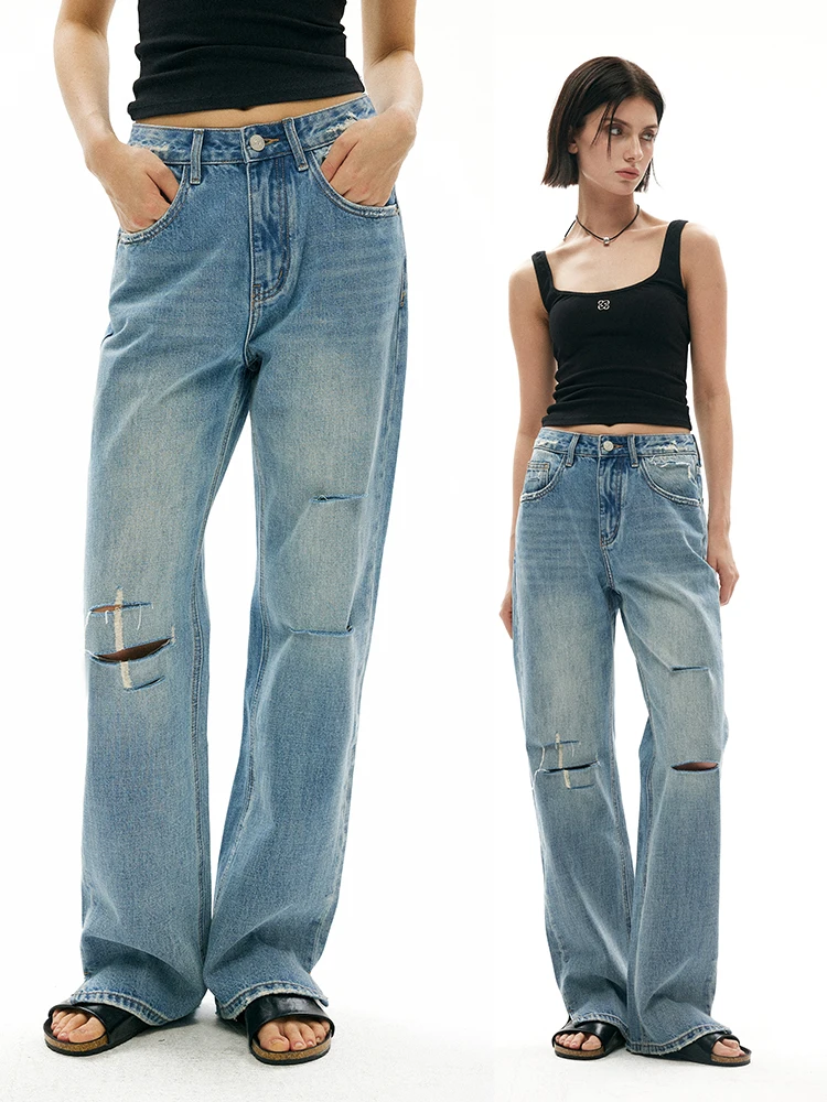 

REMOUDL High Waist Ripped Straight Leg Jeans Women's Spring Summer New Sle Light Blue American Sle Denim Pants Slit Hem