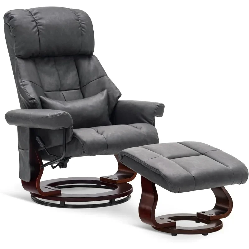 Recliner with Ottoman Reclining Chair with Vibration Massage, 360 Degree Swivel Wood Base, Faux Leather 9068 (Dark Grey)