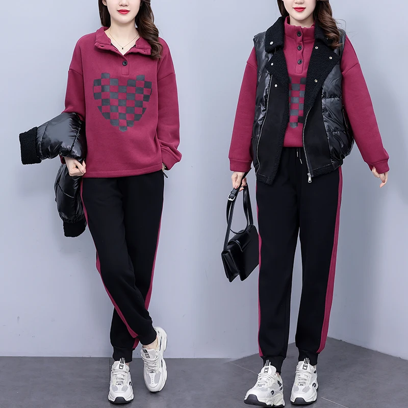 Autumn Winter Three-piece Set For Women 2023 Vest Fleece Sweatshirt Tops And Pants Large Size Female Thick Green Red Sport Suit