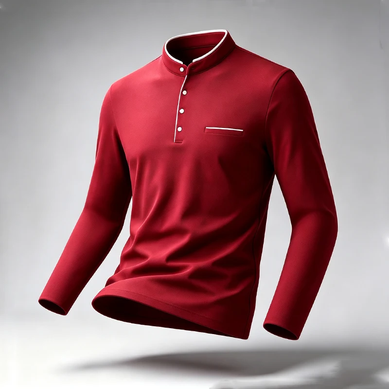 Herren-Polohemd mit Stehkragen, langärmelig, mit Brusttasche, ideal für Spaziergänge im Freien, Wochenendausflüge und Freizeitaktivitäten. – Detail 14