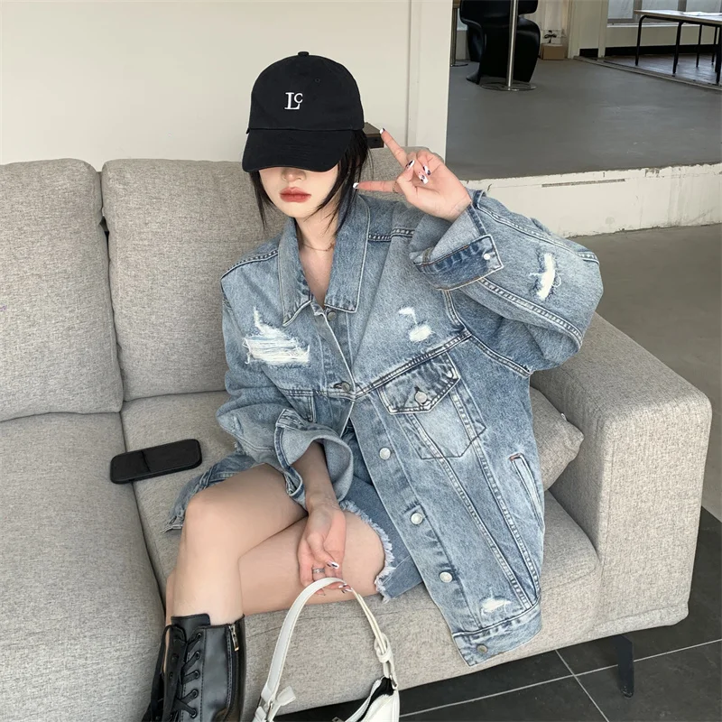 long sleeve Loose hole Denim Jacket Women 2025Spring Autumn Top Single Breasted Chic Outwear Female Streetwear Casual Jean Coats