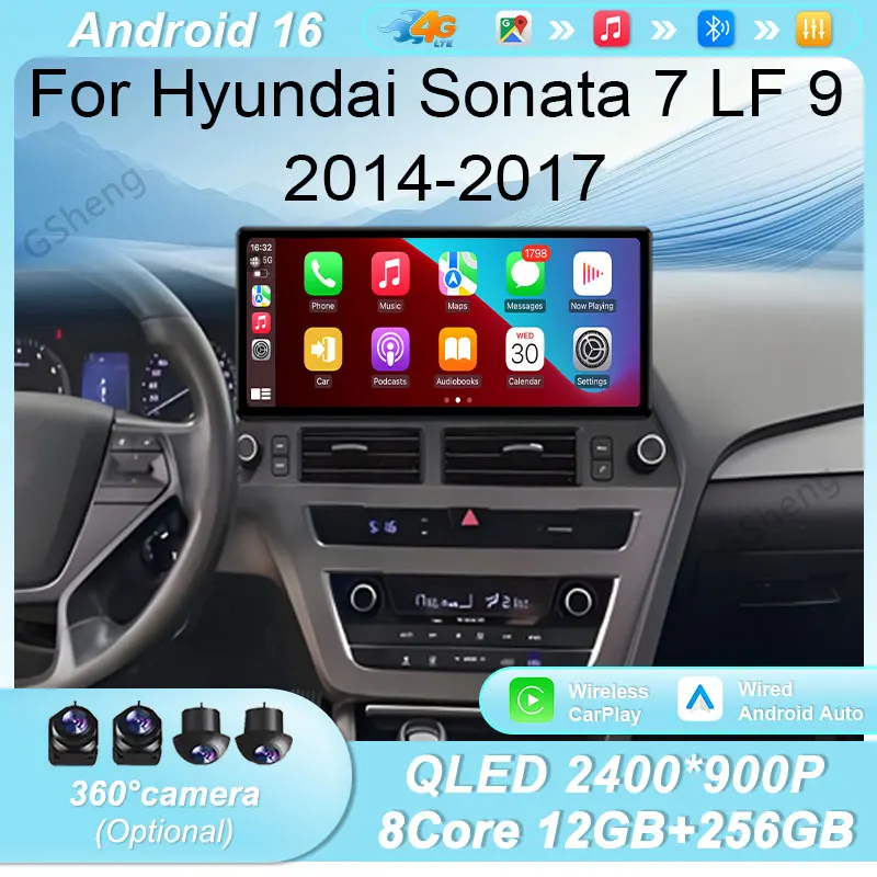 12.3 inch Android 16 Car Stereo Multimedia Player GPS WiFi Bluetooth Carplay Auto For Hyundai Sonata 7 LF 9 2014‑2017 Navigation