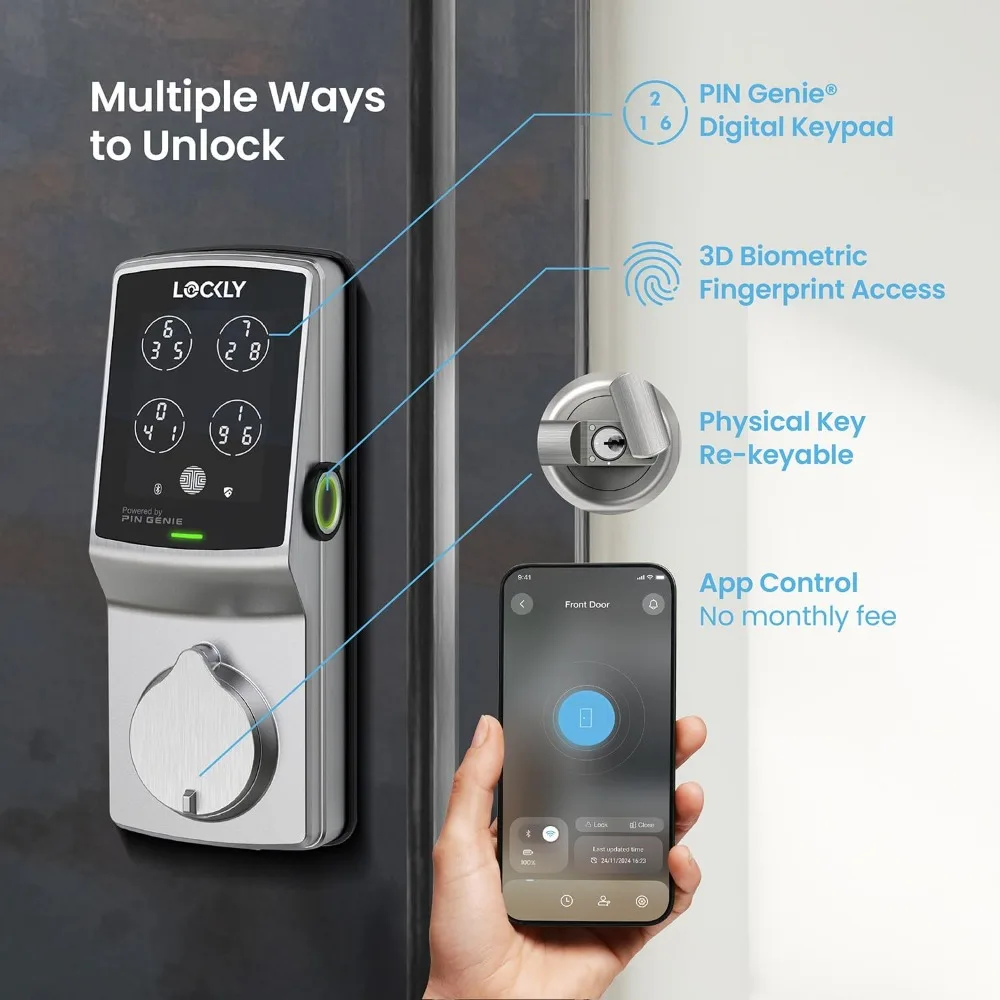 กุญแจล็อคประตูแบบดิจิตอล Secure Pro Deadbolt, ระบบล็อคอัจฉริยะแบบ Wi-Fi, ระบบเข้าออกแบบไม่ใช้กุญแจ, ระบบล็อคอัจฉริยะสำหรับทุกประเภทประตู, ระบบ PIN Genie ®   แป้นพิมพ์, เครื่องสแกนลายนิ้วมือไบโอเมตริกซ์ 3 มิติ