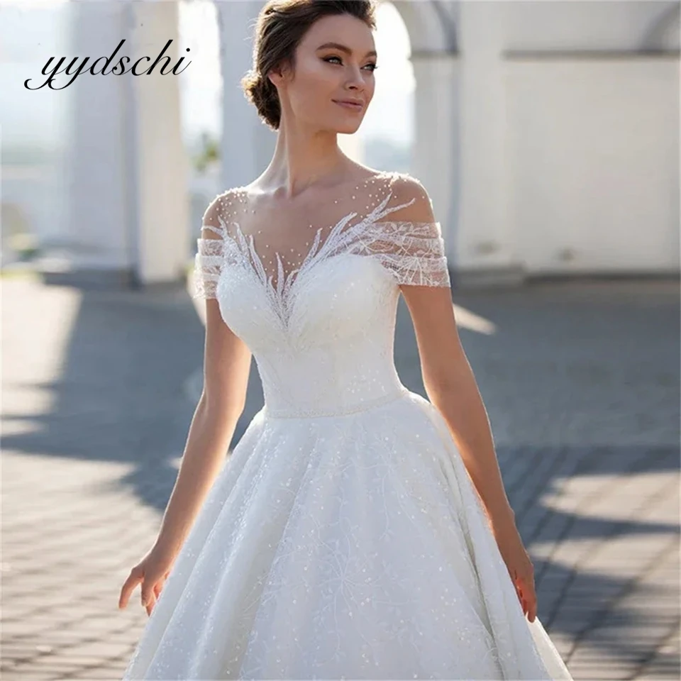 

Elegant Tulle A-line O-Neck Classic Wedding Dresses For Women Sequined Backless 2024 Court Train Bride Gown vestidos de novia