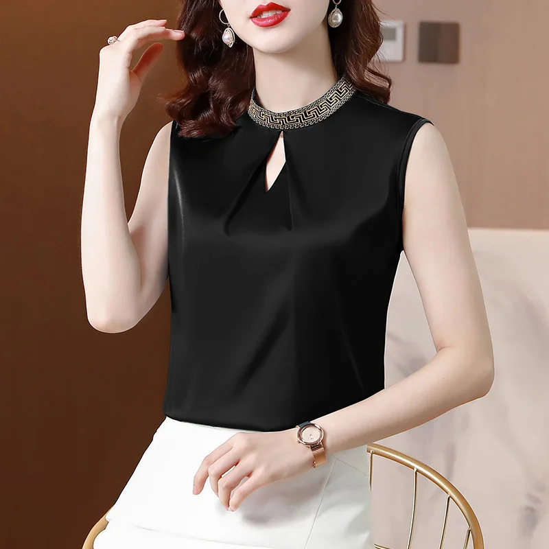 Women Clothing Sleeveless Solid Chiffon Blouse Summer Casual Elegant Fashion Pullovers Office Lady Loose O-neck Chic Thin Tops