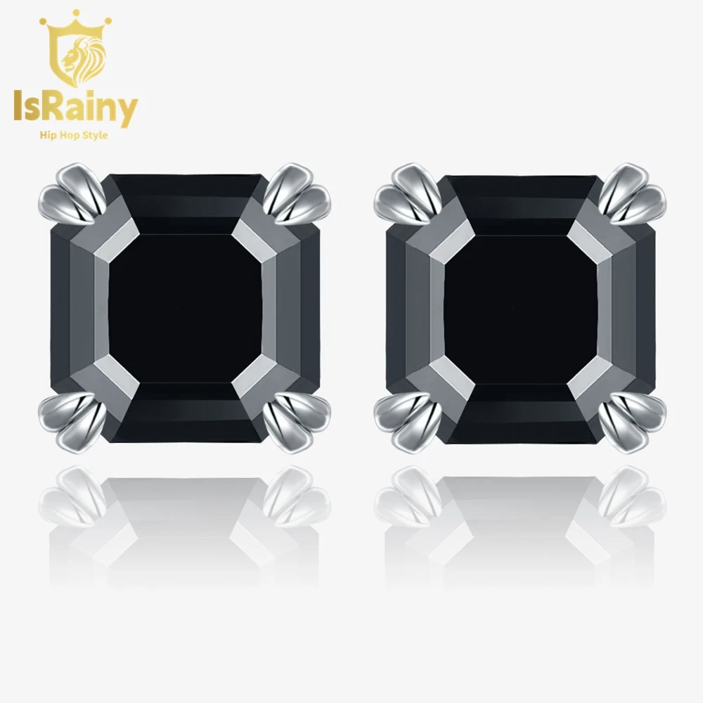 

IsRainy HipHop Rock 100% 925 Sterling Silver Fancy Cut Natural Black Moissanite Diamond Stud Earrings Fine Jewelry Drop Shipping