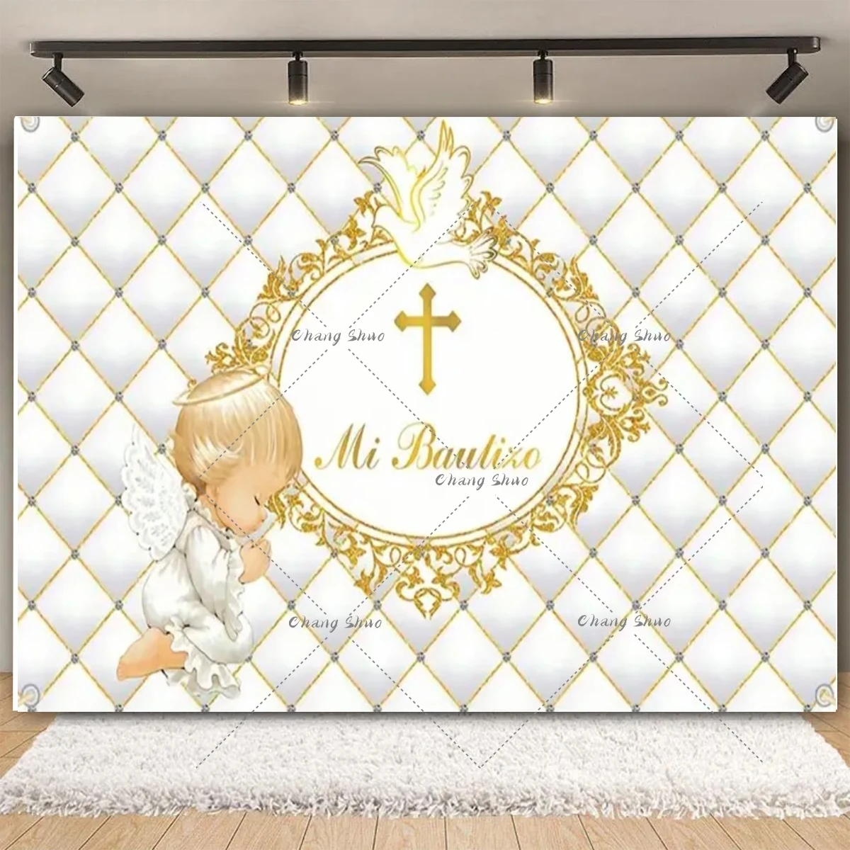 

My First Holy Communion Background God Bless Baptism Christening Crucifix Chalice Gold Glitter Photo Studio Poster