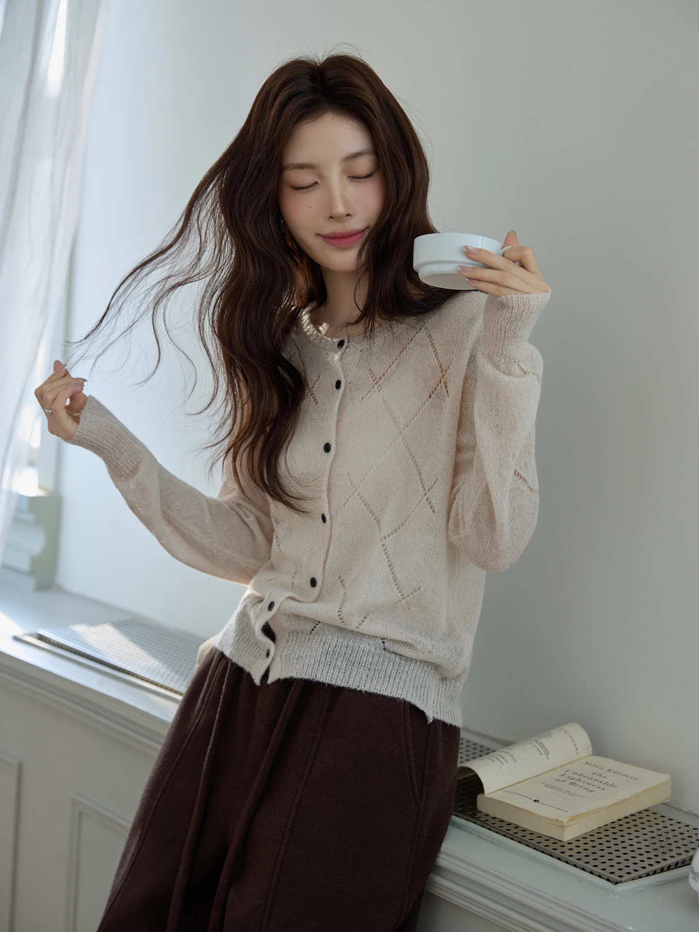 

Женская вязаная кофта Chaocha Home White Diamond с длинным рукавом и круглым вырезом, тонкий летний кардиган в корейском стиле для повседневной носки