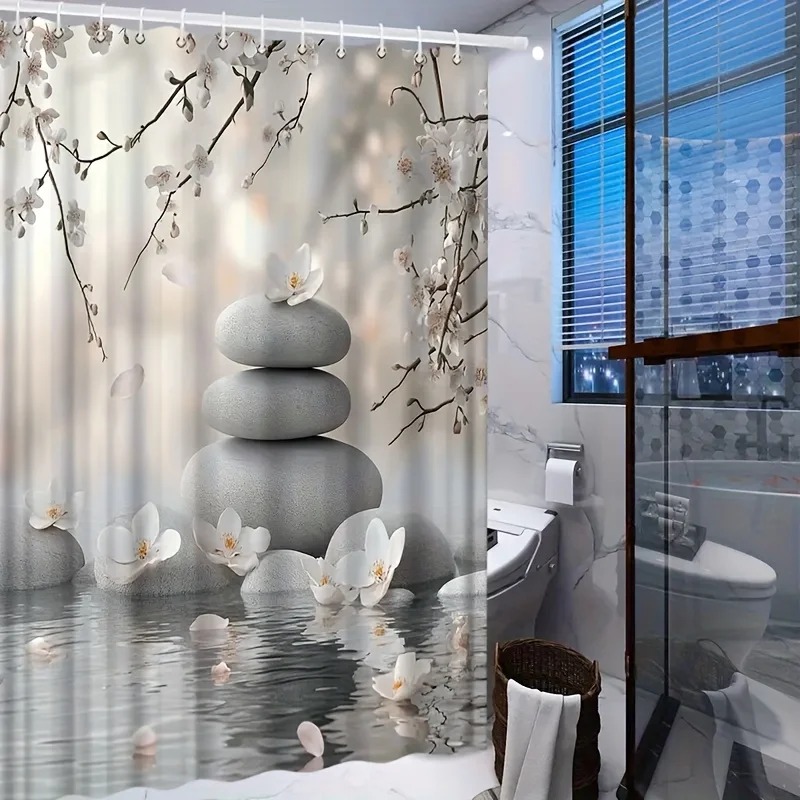 1pc Floating Petals in Calm Water, Durable - Multiple Sizes - Includes 12 Hooks - Suitable for Bathroom Decor, Shower Curtains,