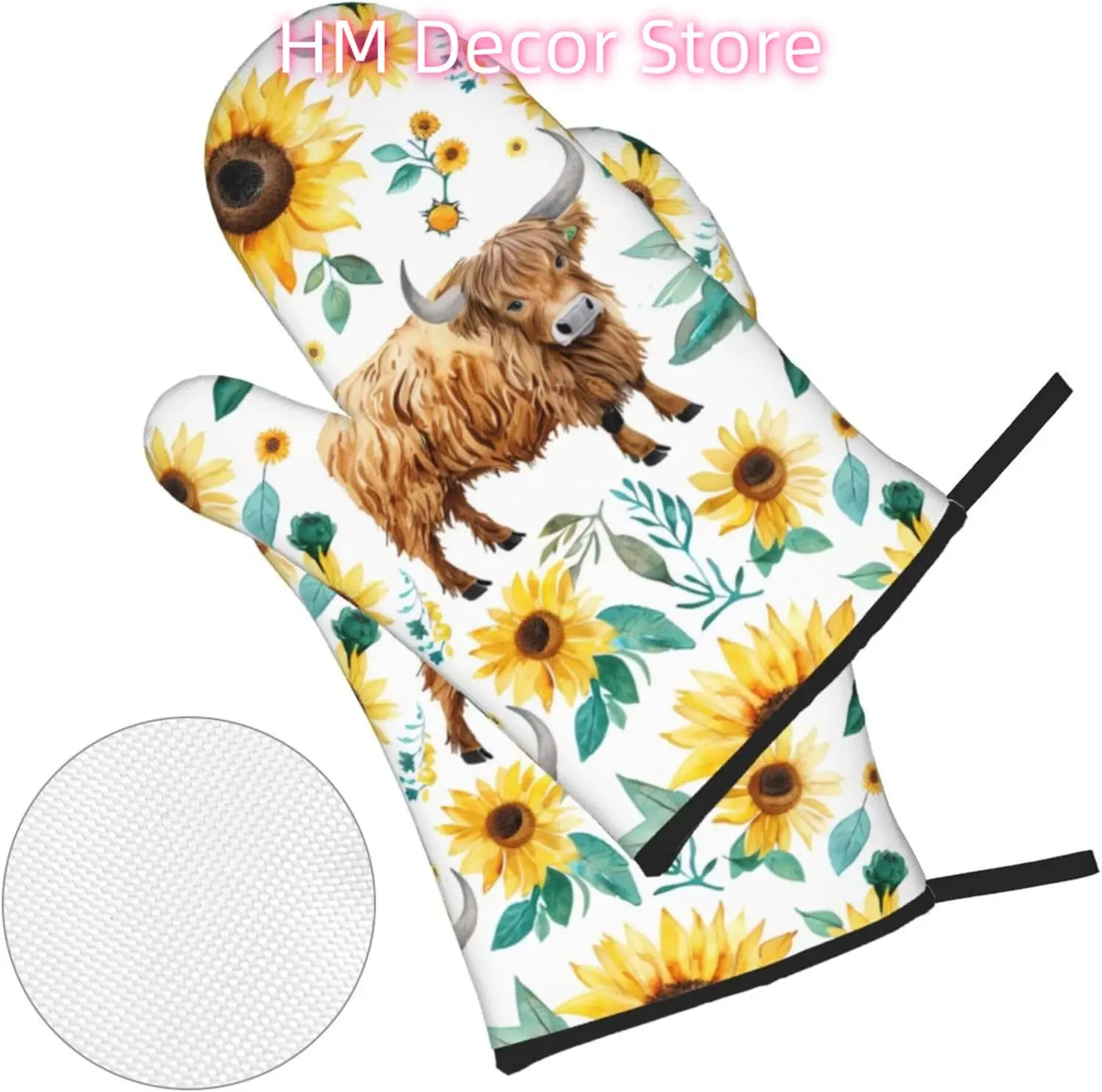 Highland Cows Sunflower Oven Mitts and Pot Holders Sets of 4, Cute Heat Resistant Oven Mitts - Non-Slip Cooking Gloves for Kitch