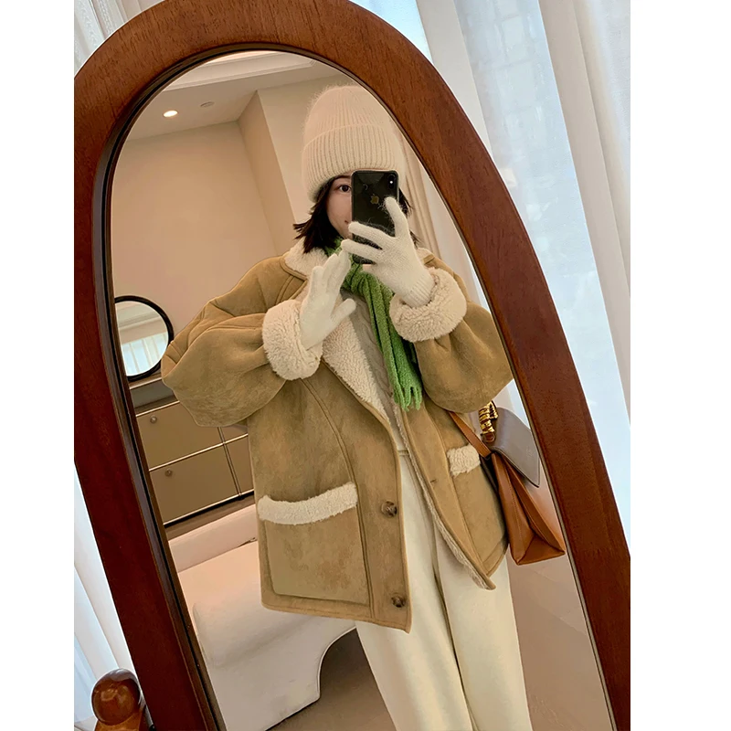 

MUKOK Retro Lamb Fur Jaet Women's ort Thiened Faionable Winter Outerwear Straight Cut Long Sve Button Closure