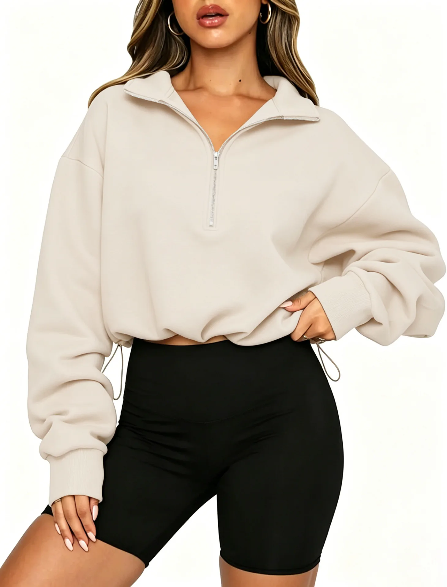 Women Half Zip Sweatshirt Cropped Pullover Oversized Long Sleeve Drawstring Hem Hoodie Y2K Athletic Sportswear