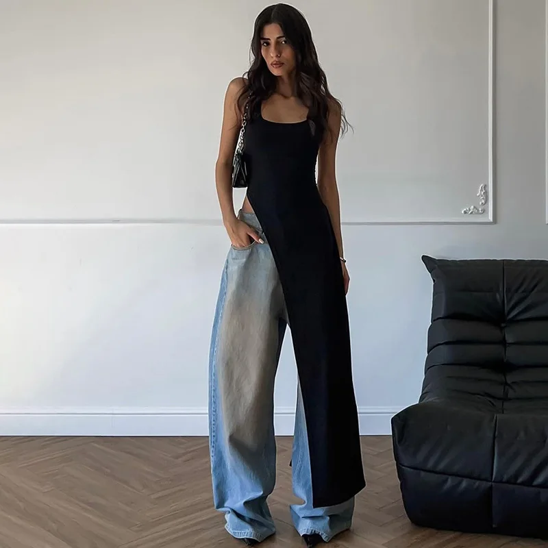 الملابس النسائية 2025 جديد الصيف شخصية غير النظامية طويلة U الرقبة عالية سبليت بلون تي شيرت سترة حجم كبير 3XS-3XL