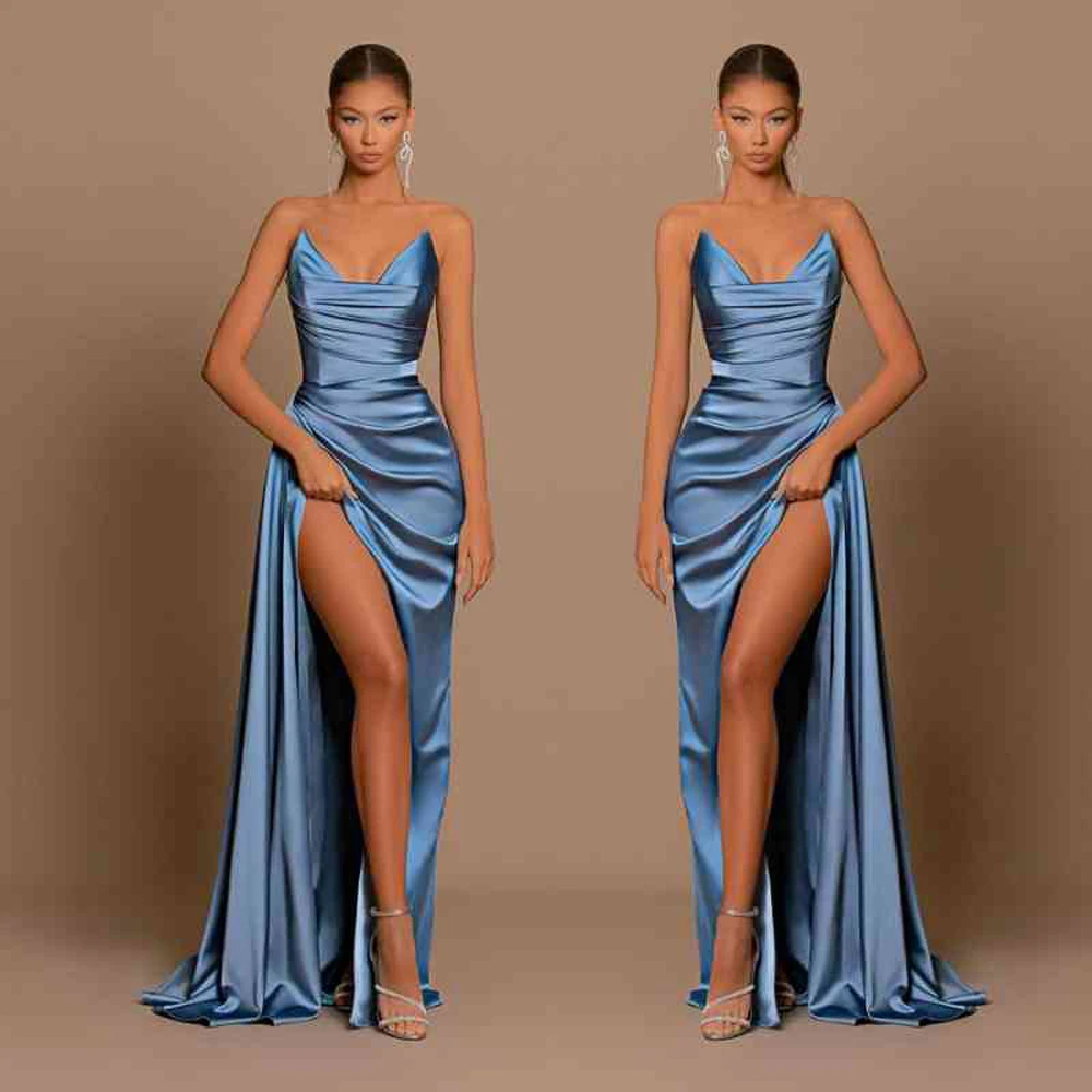 Elegant Blue Satin Evening Dresses For Women 2023 Strapless High Split Ruched Bust Waist Pleat Formal Party Prom Gowns Vestidos