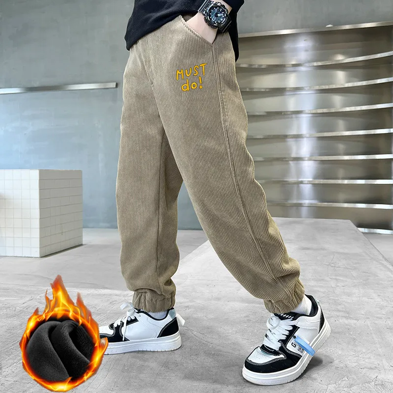 Boys Winter Pants Kids Thicken Plus Velvet Pants Children Sport Warm Fleece Long Trousers Elastic Waist Sweatpants 6 8 10 12 14Y