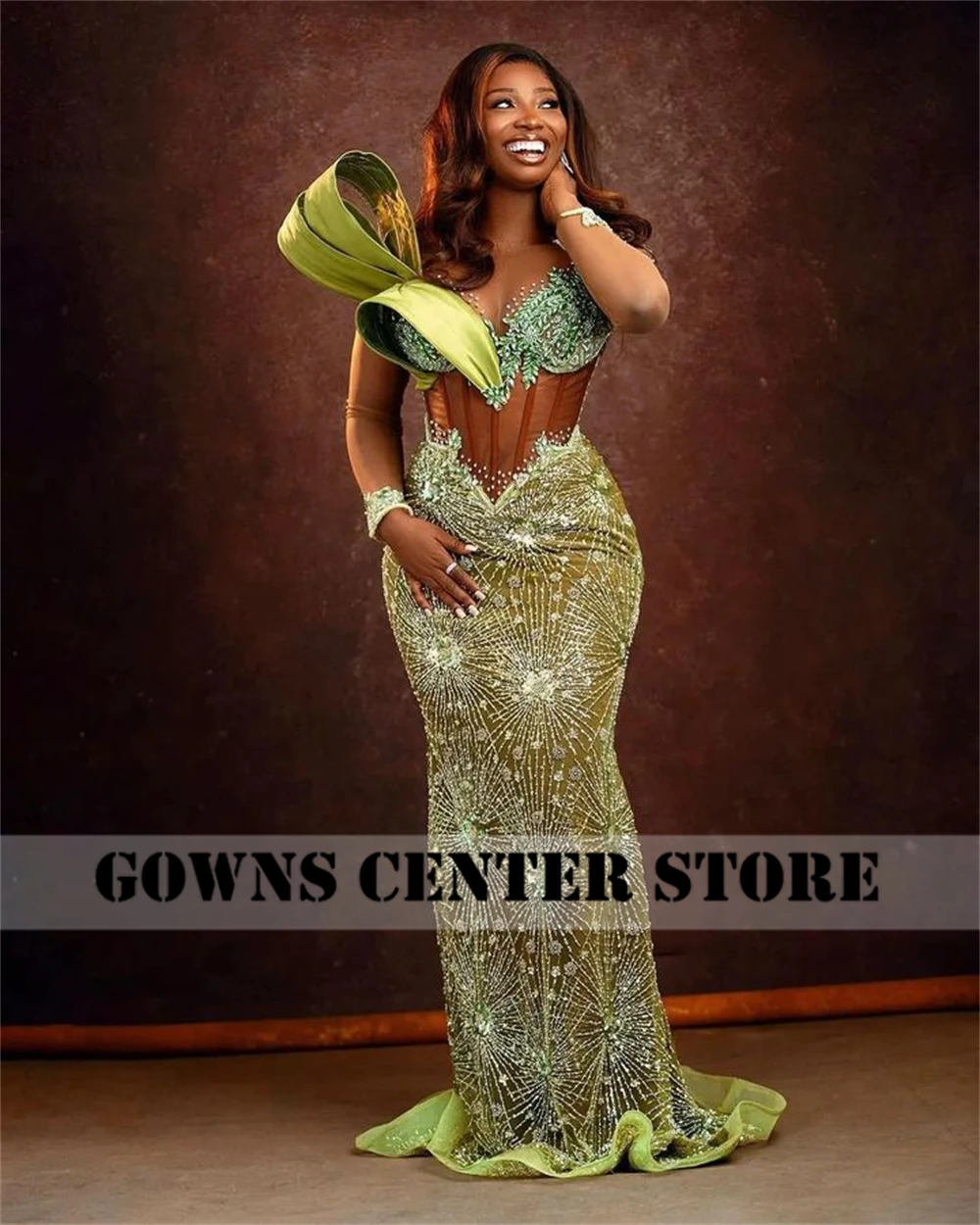 Avocado Green Long Sleeve Aso Ebi Mermaid Evening Dresses African See Thru Beads Wedding Party Dress Formal Gown Customized