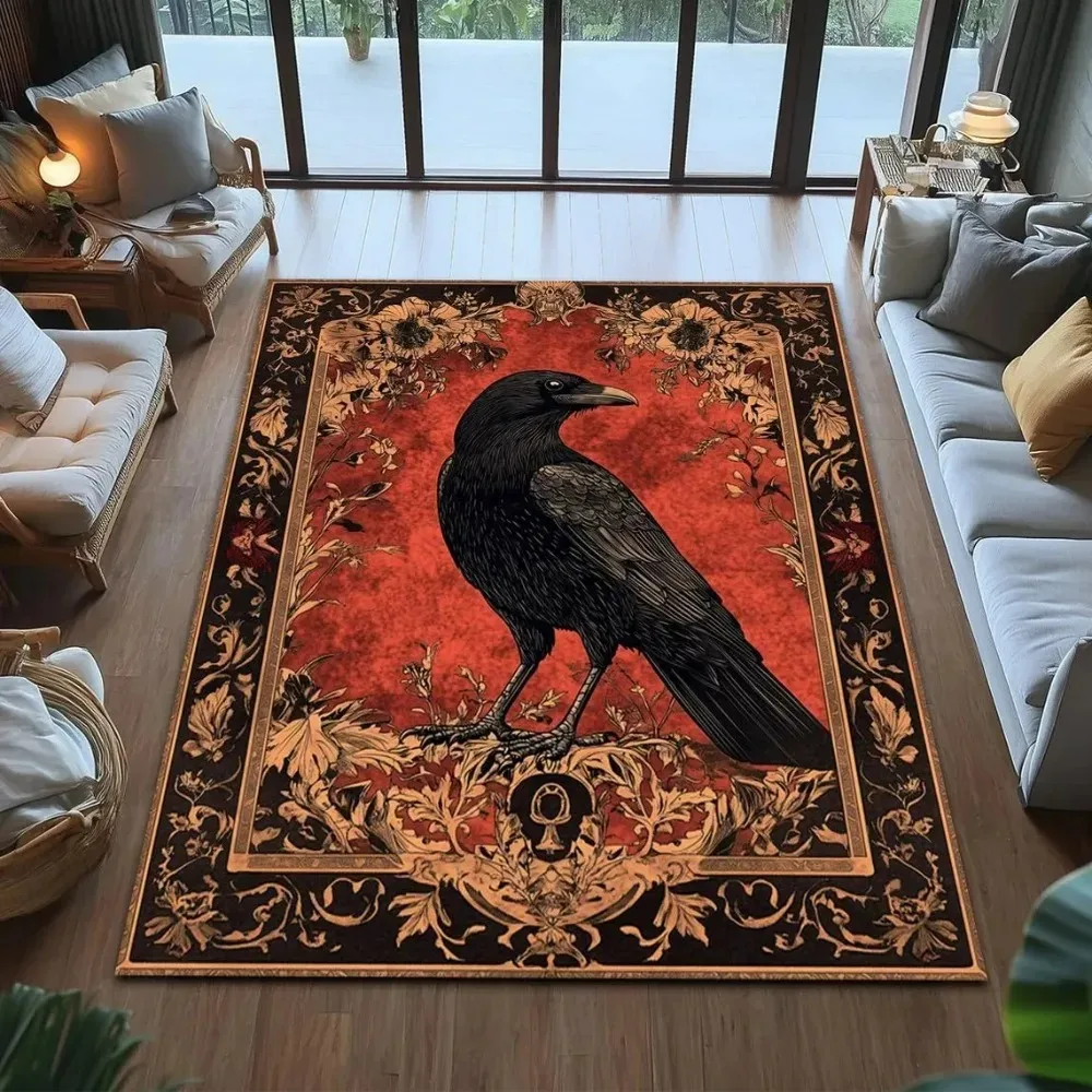 Floraler Baum-Rabenbereichsteppich, schwarzer Hintergrund, Kunstteppich, böhmisches Wohnzimmer, Schlafzimmer, dekorative Bodenmatte