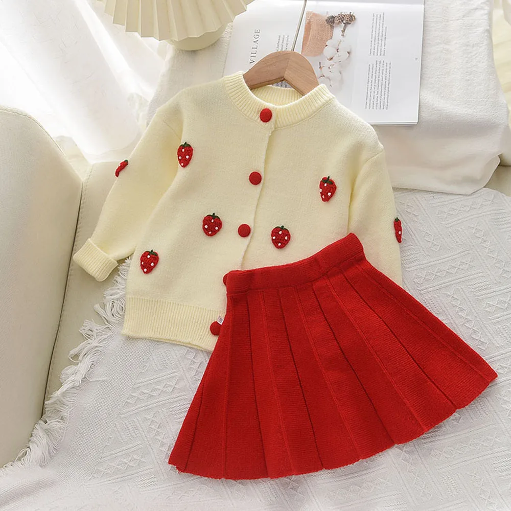 New Year\'s Red Sweater Clothing Sets Winter Children Clothes Knited Sweater Tops Skirt 2pcs Suit Kids Outfits Xmas Girls Costume