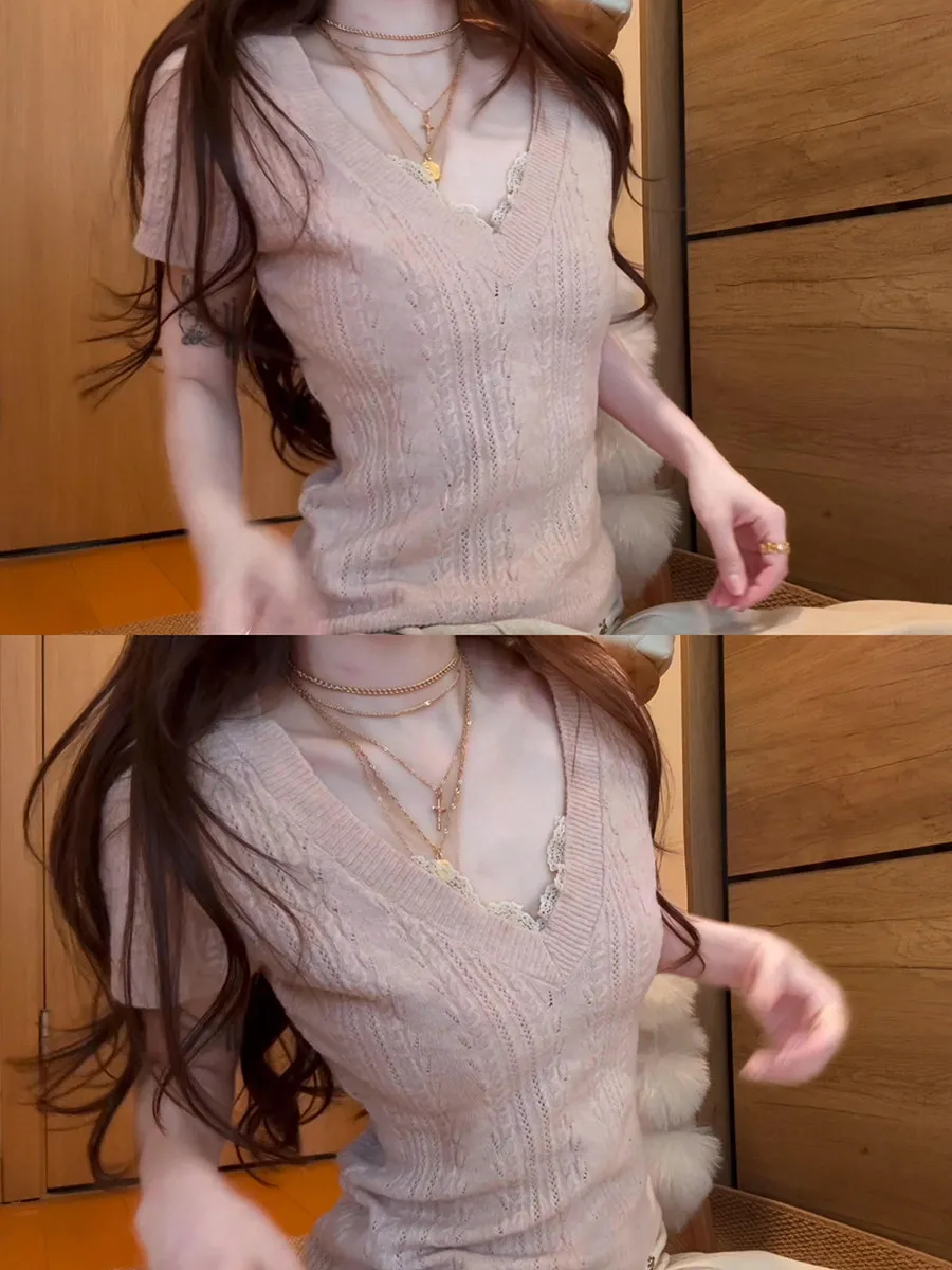 

Miu Series Beautiful Lotus Pink V-Neck Knitted Short Sleeve Women's Spring Summer New Hollow out Base Layer Top Inner Wear Shirt