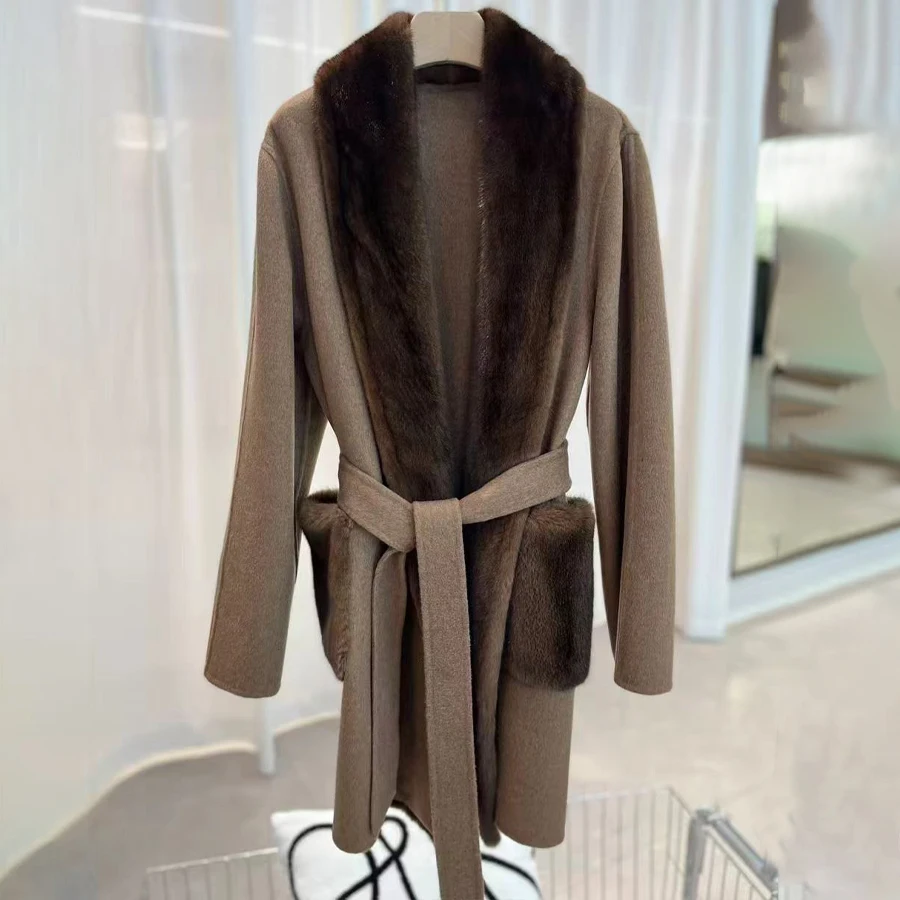 Chaqueta de mezcla de lana con cinturón a juego para mujer, abrigo de lana de lujo para mujer, abrigo de Cachemira de nuevo estilo para mujer