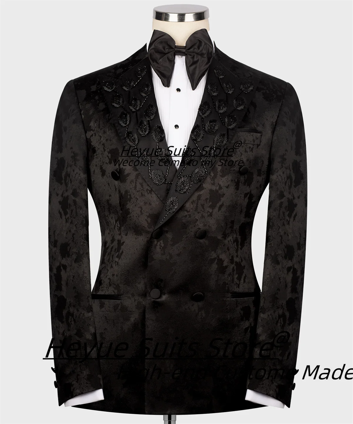 

High-end Black Jacquard Elegant Men Suits Customized Slim Fit Peak Lapel Groom Wedding Tuxedos 2 Pieces Sets Male Prom Blazers