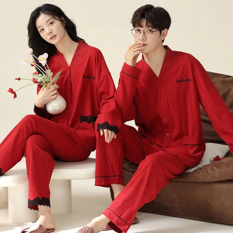 Pijama de algodão manga longa para casal, terno festivo vermelho, conjuntos casuais caseiros, roupas de noite simples, homens e mulheres, primavera e outono 2024