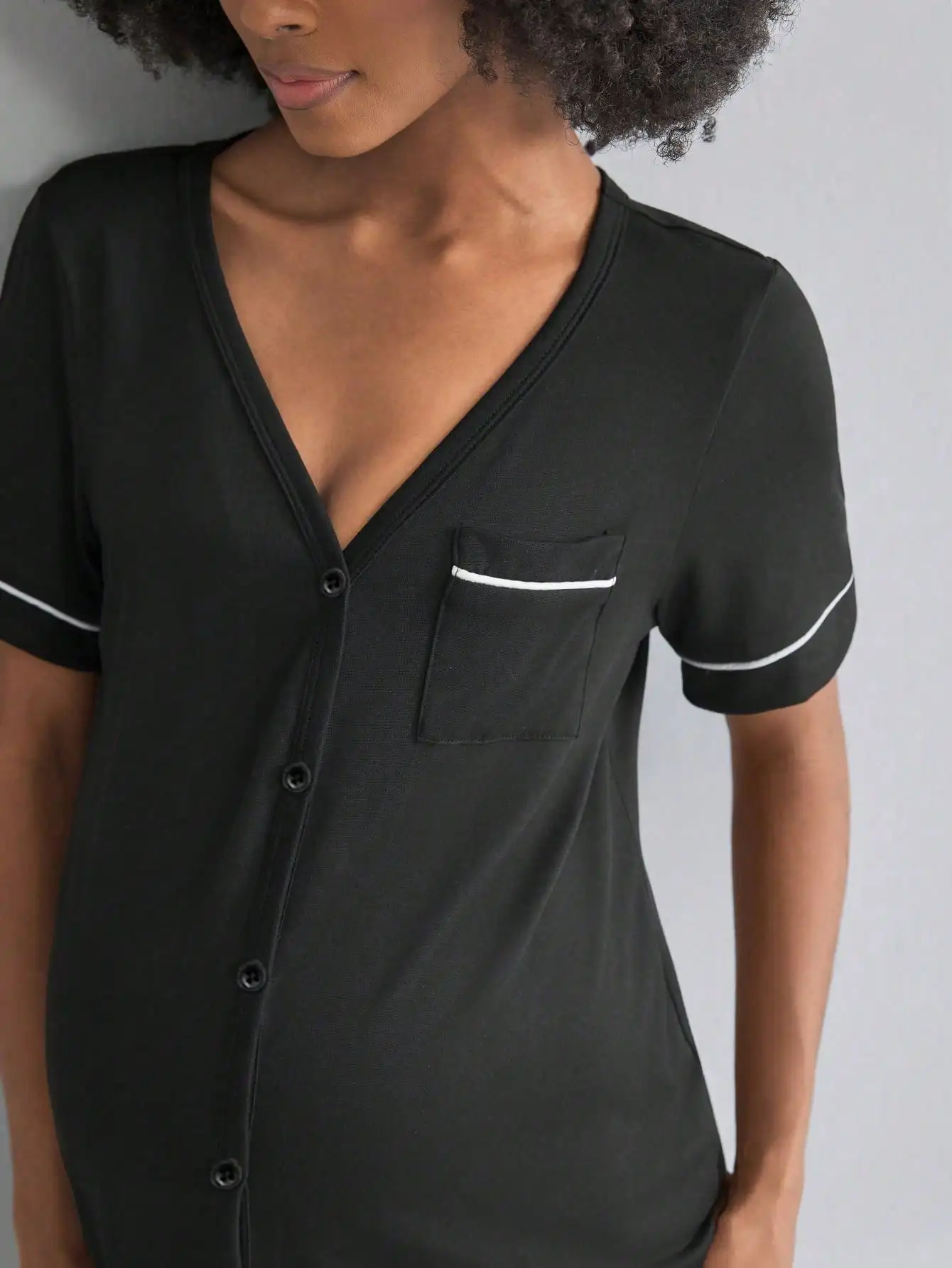 Maternity V-Neck Short Sleeve Button-Front Sleep Dress with Pocket