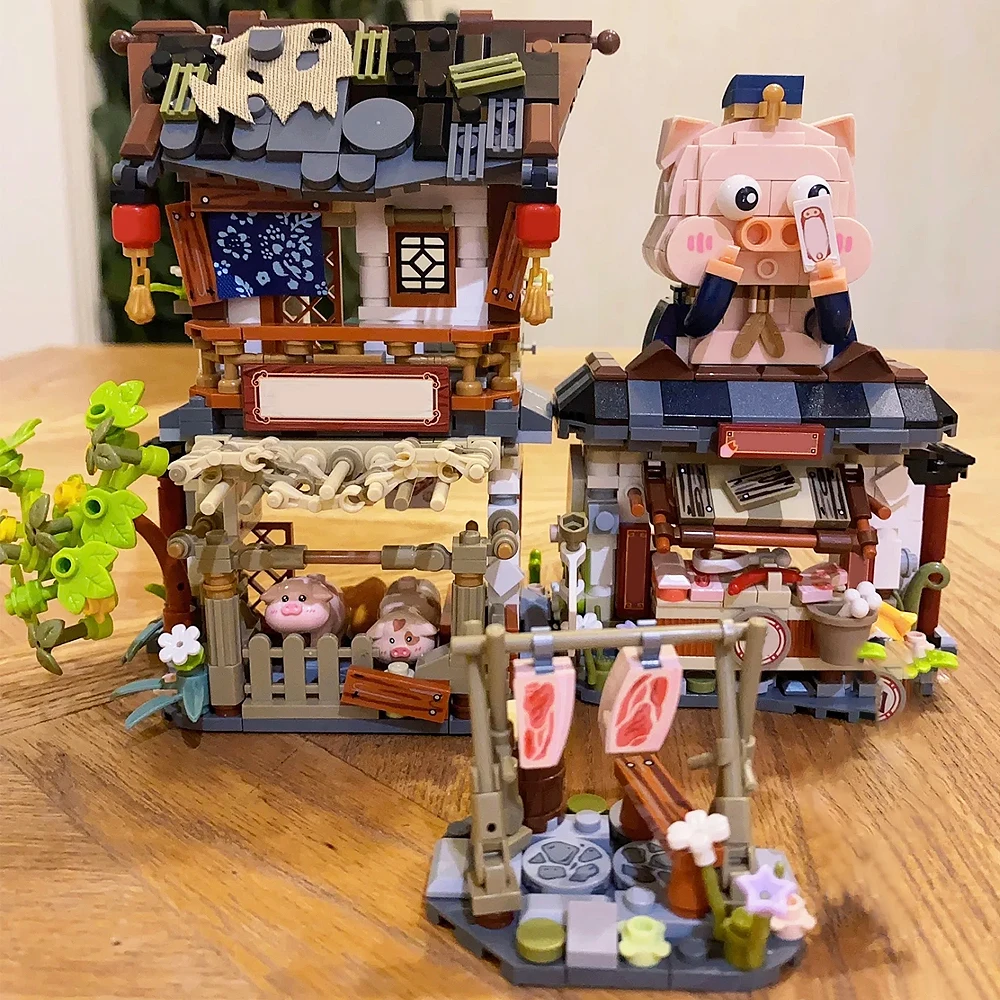 Mini Ziegel Schweine fleisch Shop Street View modular ize erstellen Ideen entzückende Bausteine Ziegel Modell pädagogisches Spielzeug Geschenk 1105 stücke