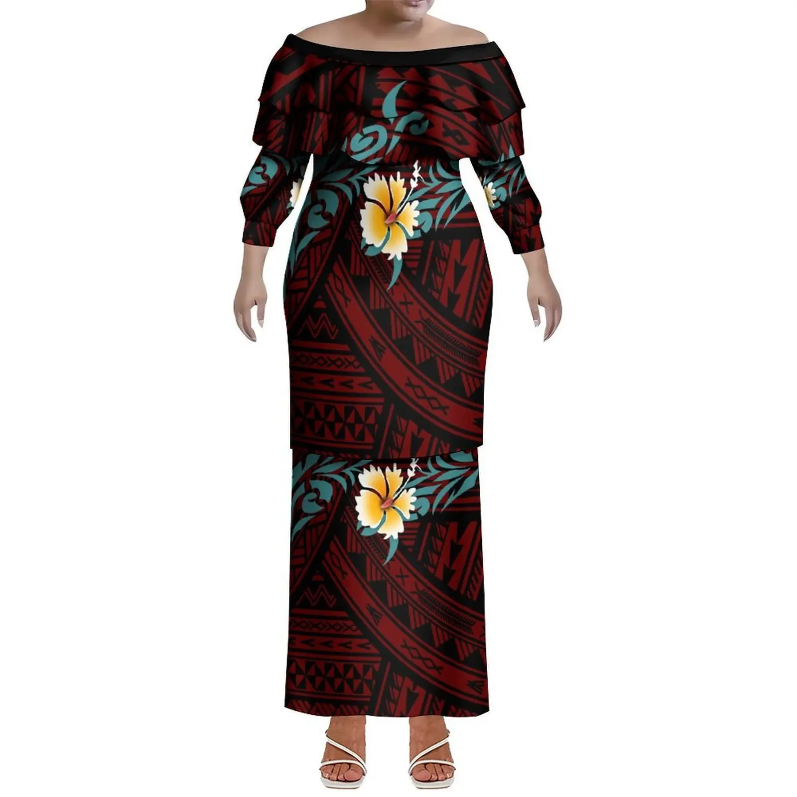 Puletasi Figure-Hugging Dress With A Lotus Leaf Collar Custom-Made Polynesian Tribal Women'S Clothing Featuring Samoan Prints
