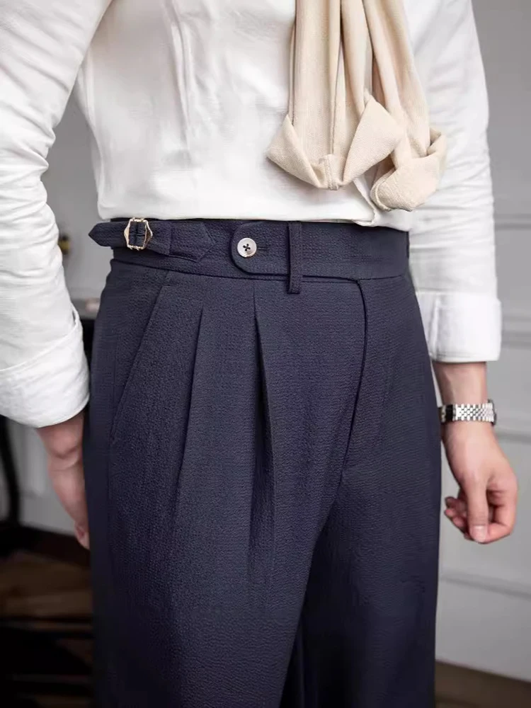 Classic Men's Solid Color High Waist Pants Spring Autumn Fashionable Pleated Slim Straight Trousers For Men Office Casual Pants