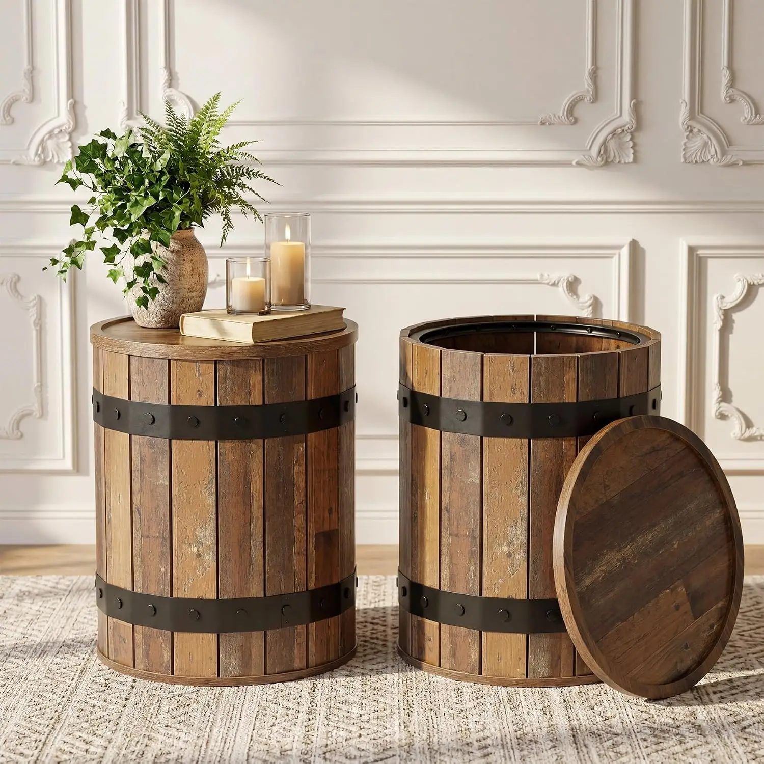 Rustic Wood Round End Table With Hidden Storage & Removable Lid, 24