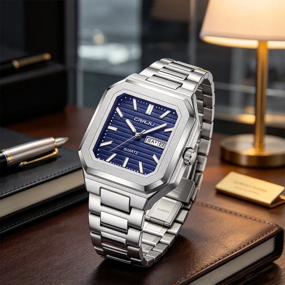 CRRJU Men Watch Fashion Casual Quartz Unique Dial Design with Dual Calendar Luminous Stainless Steel Strap Wristwatch 5038