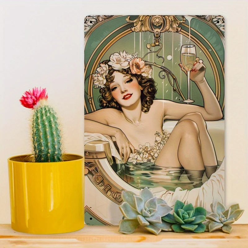 ديكور الغرفة قطعة واحدة من ديكور الغرفة - 1920s سيدة أنيقة شرب الشمبانيا في حوض الاستحمام علامة عتيقة مطلية بالقصدير، جدارية جدارية للحمام، Uniq #4