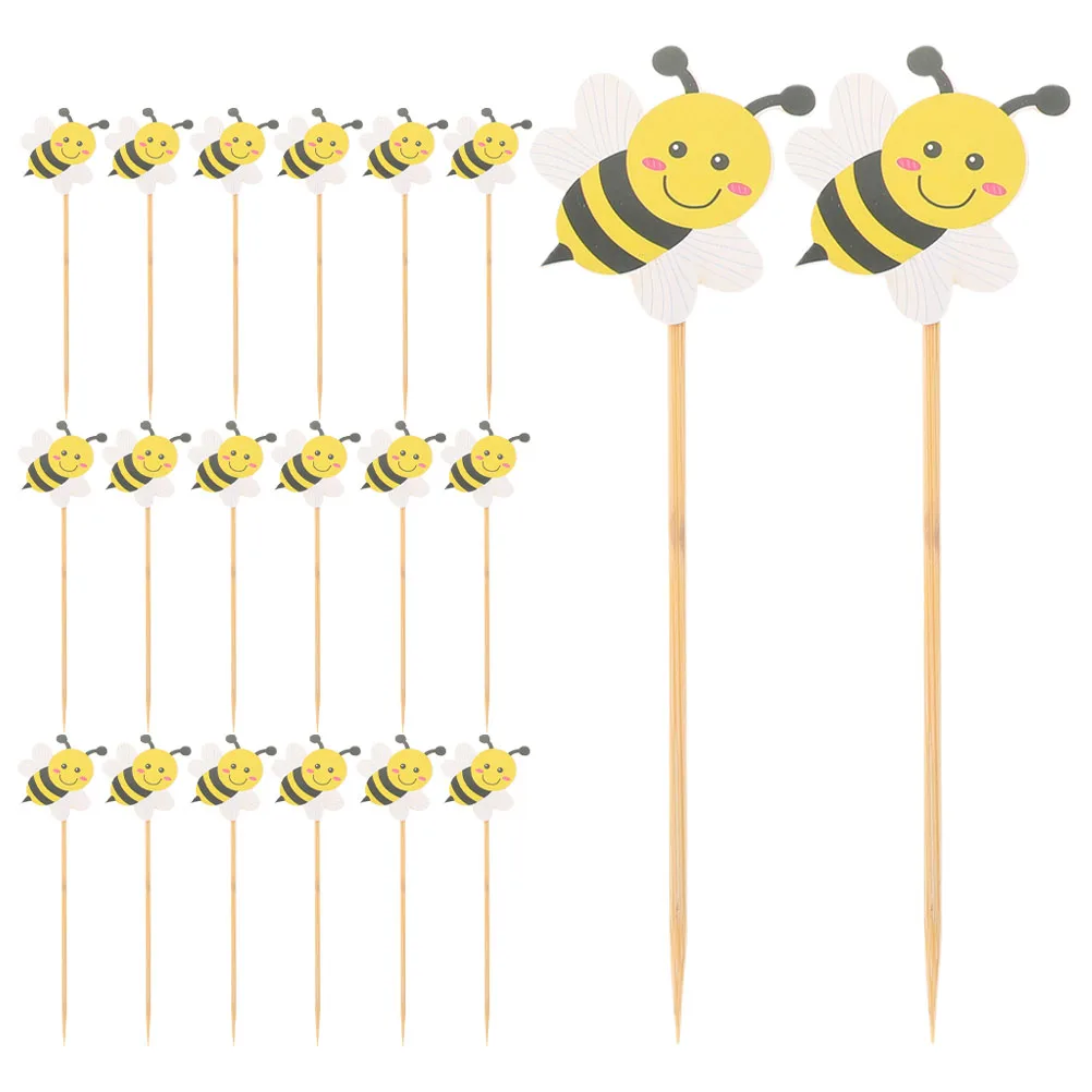 

100 Pcs Animal Cake Decorations Birthday Picks Dessert Yellow Bee Party Supplies Insect Toppers Bamboo Safe Sturdy