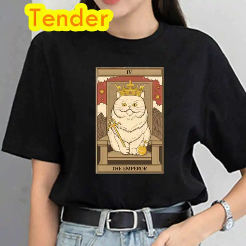 Black T-shirt Women Vintage Grunge Style Shirt Tarot Card The Emperor Cat Aesthetic Harajuku T-shirts Ulzzang Funny Graphic Tees